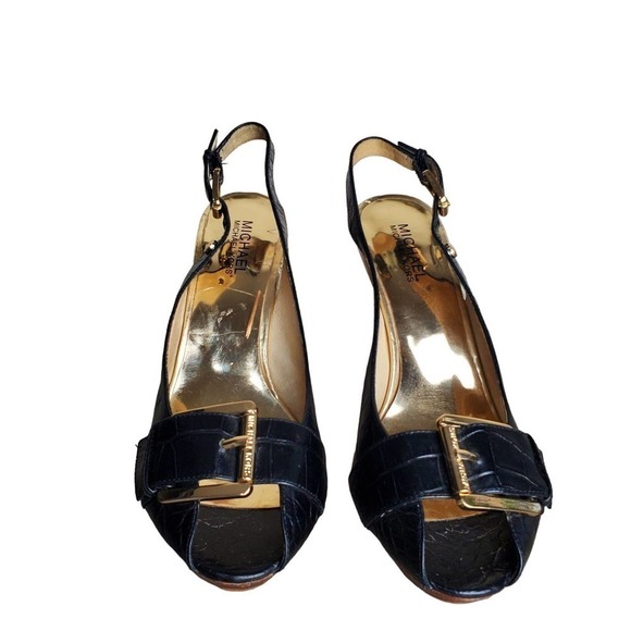 Michael Kors Heels Womens Size 8.5 Black Leather Croc Print Slingback Stacked - Picture 2 of 10